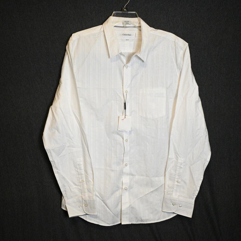 NEW Calvin Klein Men's L White Slim Fit Dress Shirt Embroidered Long Sleeve NWT